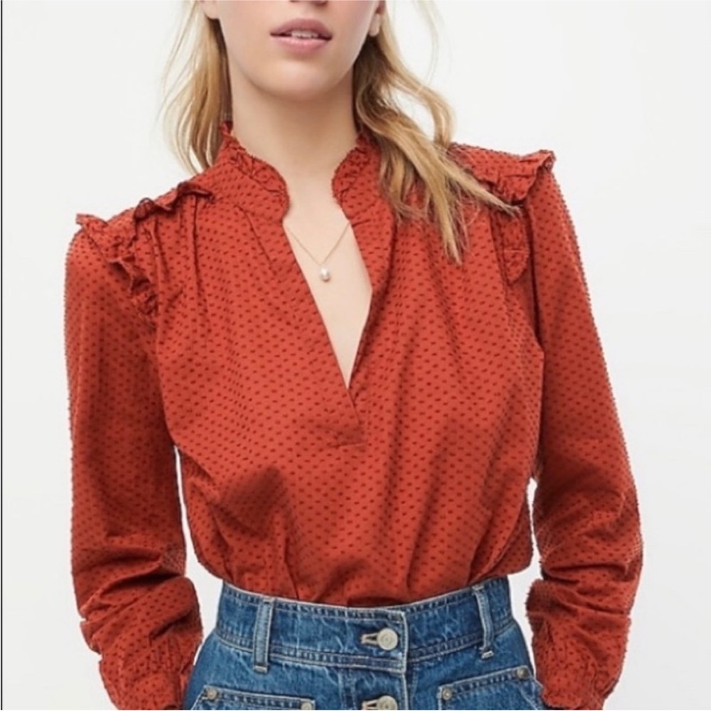 J.Crew 100% Cotton Rust Brown Ruffle Notch Neck‎ Swiss Dot Shirt Large Work